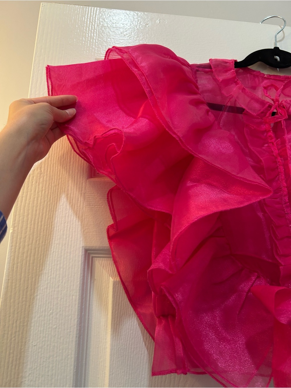 Bright Pink Voluminous Ruffle Women’s Blouse - Picture 3 of 7